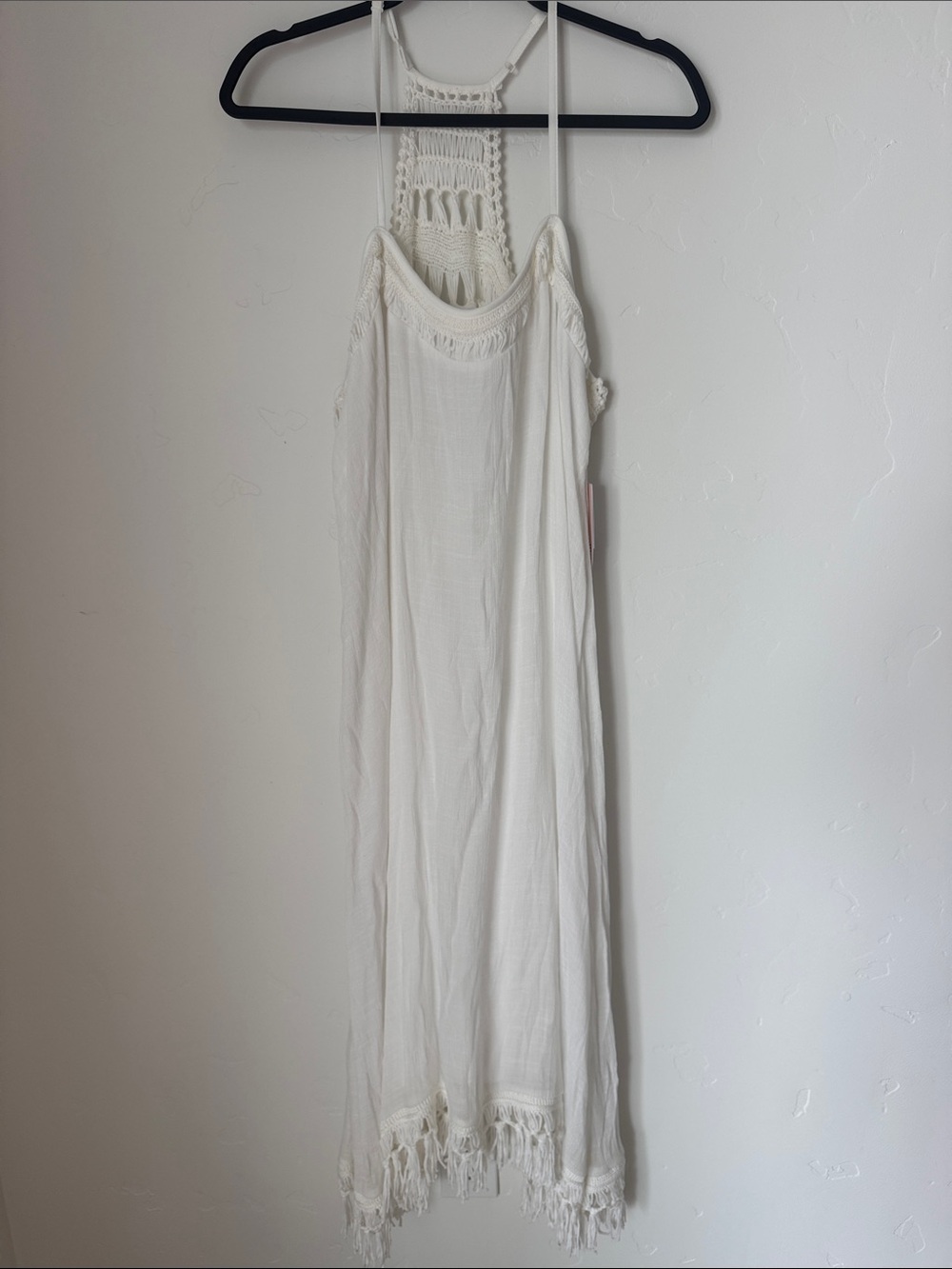 NWT JustFab White Crochet Halter Maxi Dress Boho Beach Cover Up Fringe Resort XL